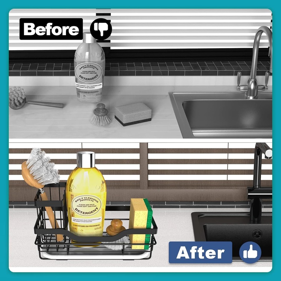 Sponge Holder for Kitchen Sink Organizer with Brush Holder & Drain Tray