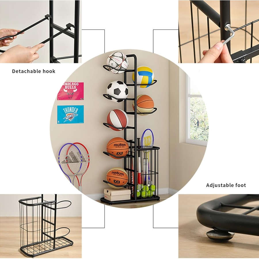 Sports Equipment Storage Organizer with Ball Gear Rack for Tennis, Basketball, Baseball, Football