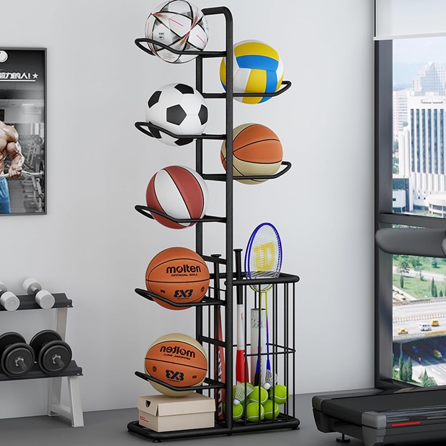 Sports Equipment Storage Organizer with Ball Gear Rack for Tennis, Basketball, Baseball, Football