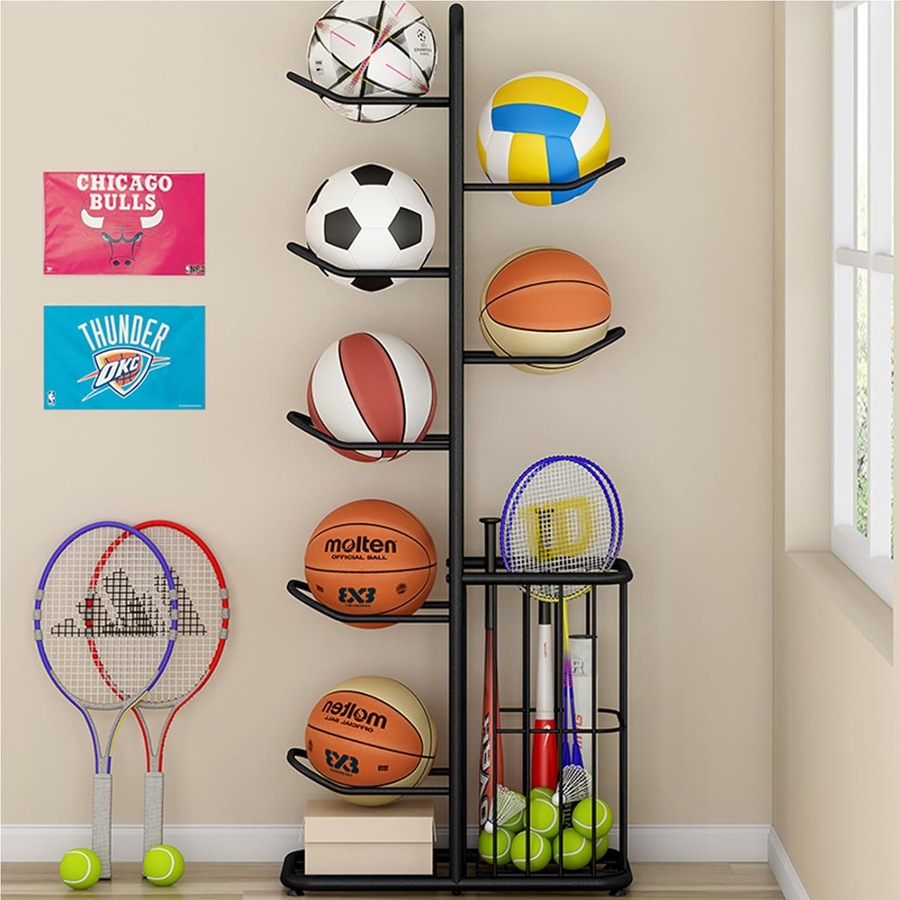 Sports Equipment Storage Organizer with Ball Gear Rack for Tennis, Basketball, Baseball, Football