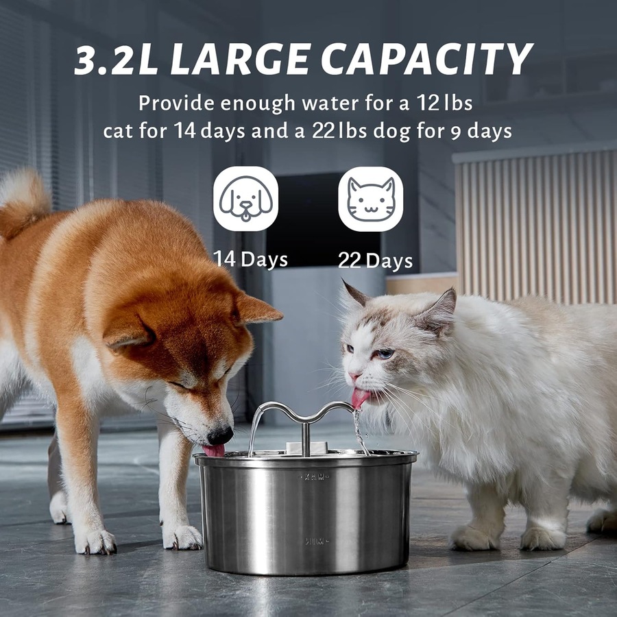 Stainless Steel Cat Water Fountain 3.2L Silent with Filter