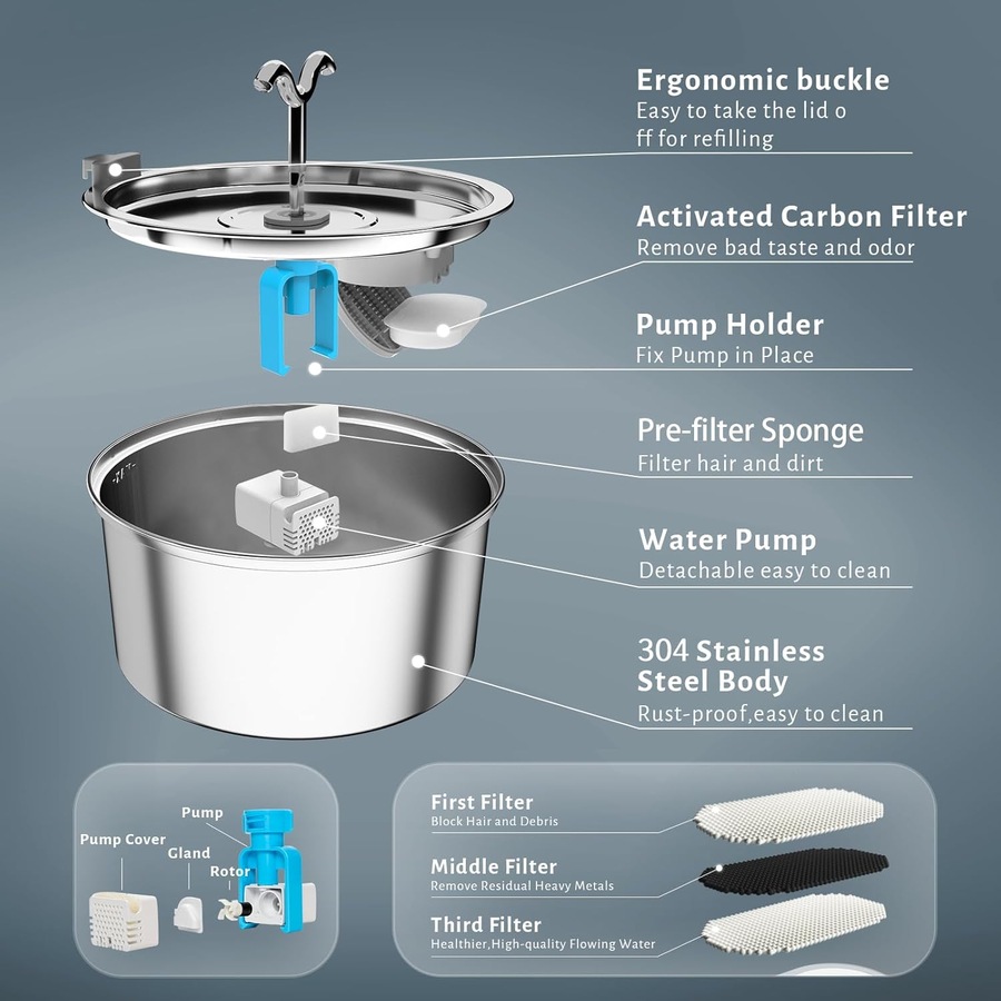 Stainless Steel Cat Water Fountain 3.2L Silent with Filter
