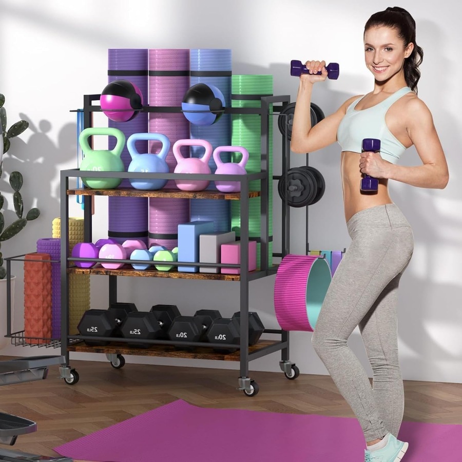 Strength Training Dumbbell Storage Rack 40Dx70Wx93H cm with Wheels and Hooks