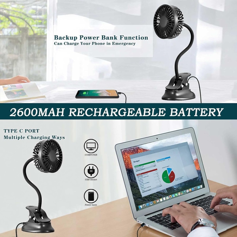 USB Clip Fan Rechargeable Personal Fan with Emergency Power Bank, 3 Speeds
