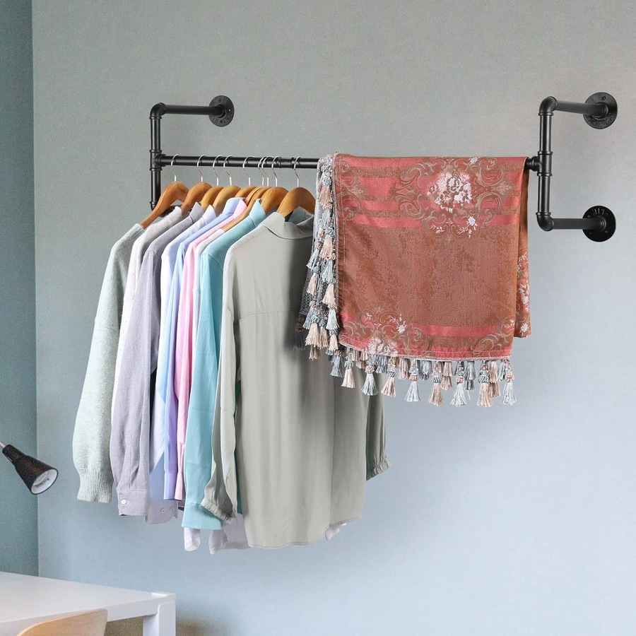 Wall Mounted Clothes Rail - Industrial Pipe Garment Hanger - 109x35x31cm - Holds up to 50kg