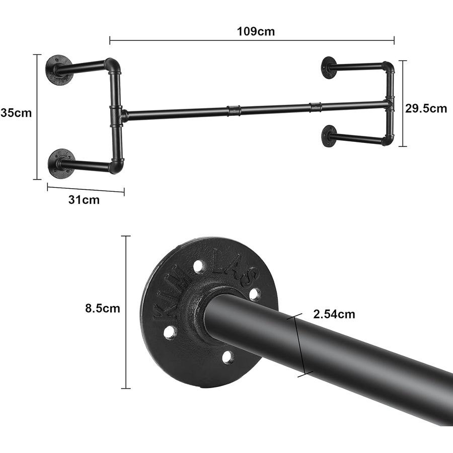 Wall Mounted Clothes Rail - Industrial Pipe Garment Hanger - 109x35x31cm - Holds up to 50kg