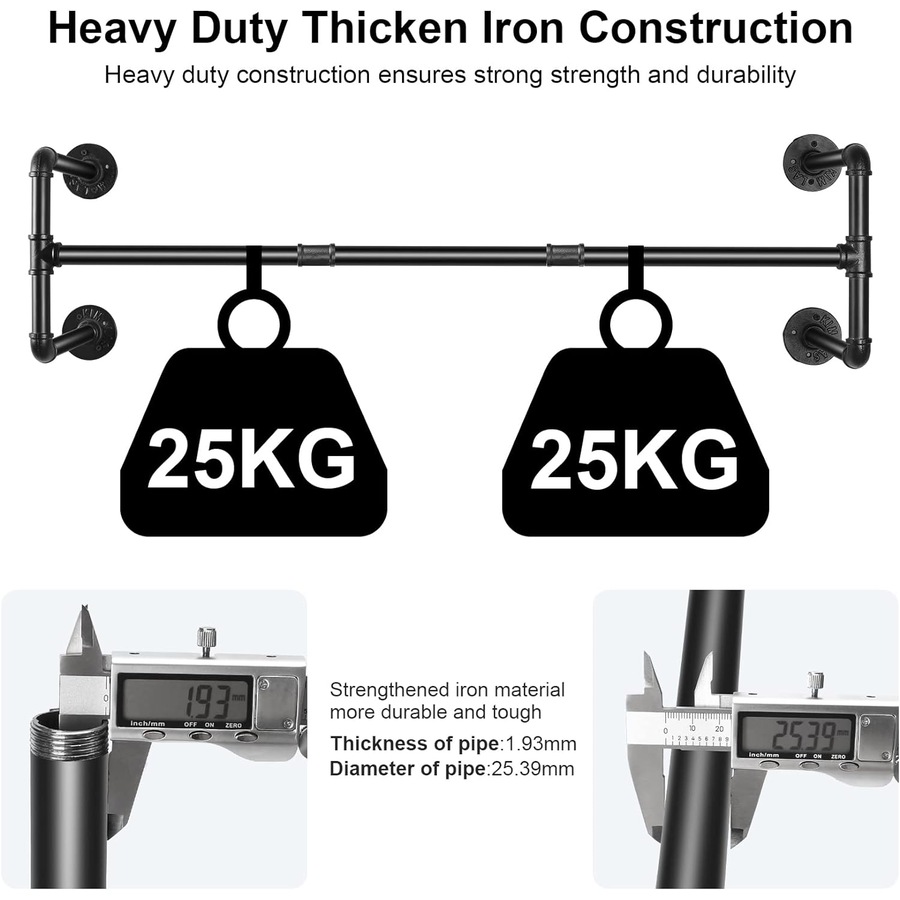 Wall Mounted Clothes Rail - Industrial Pipe Garment Hanger - 109x35x31cm - Holds up to 50kg