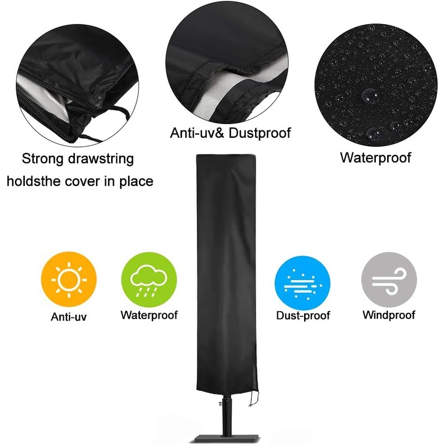 Waterproof Patio Umbrella Cover with Zipper - Black 210D Oxford Fabric