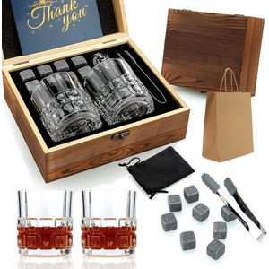 Whisky Stones Gift Set 8 Rocks 2 Glasses Velvet Bag Wooden Box
