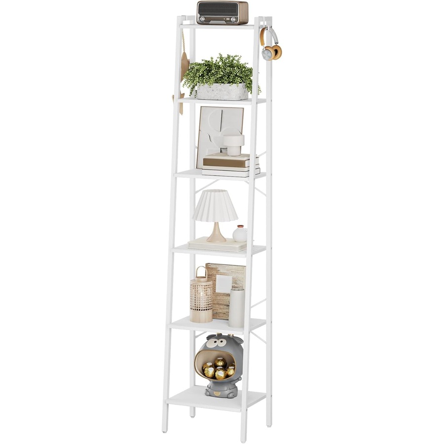 White 6-Tier Ladder Shelf Bookcase with Hooks for Home Office