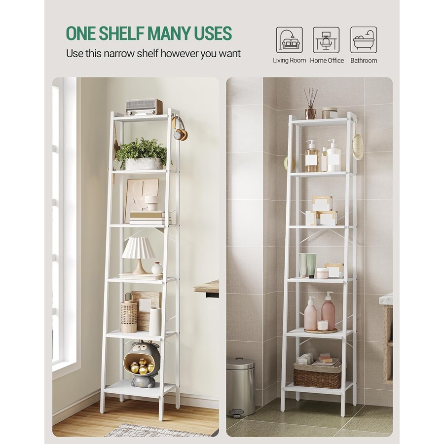 White 6-Tier Ladder Shelf Bookcase with Hooks for Home Office