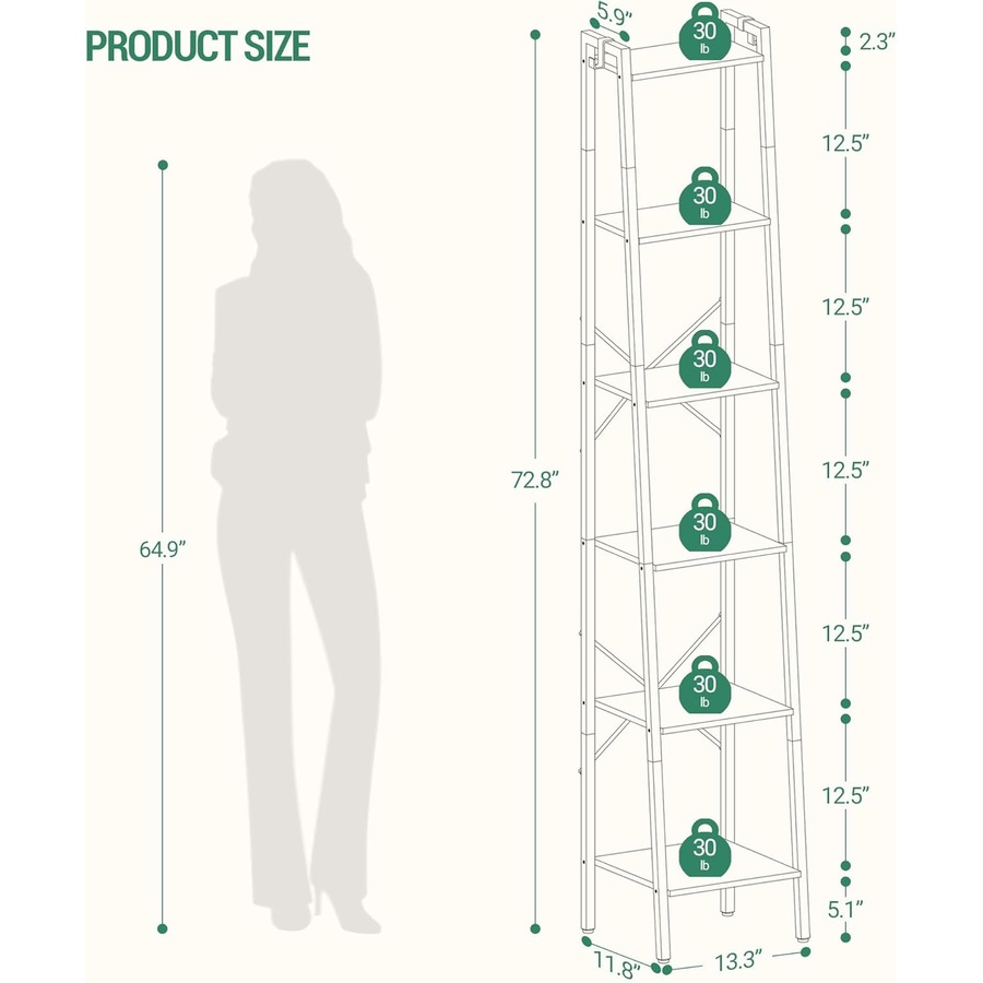 White 6-Tier Ladder Shelf Bookcase with Hooks for Home Office