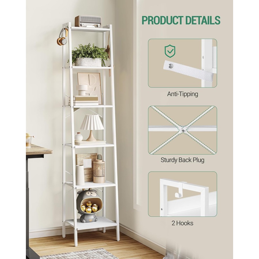 White 6-Tier Ladder Shelf Bookcase with Hooks for Home Office