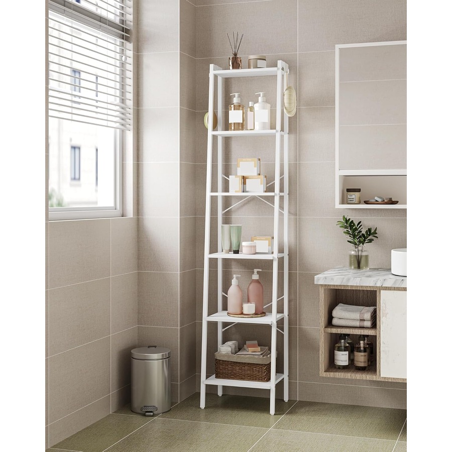 White 6-Tier Ladder Shelf Bookcase with Hooks for Home Office