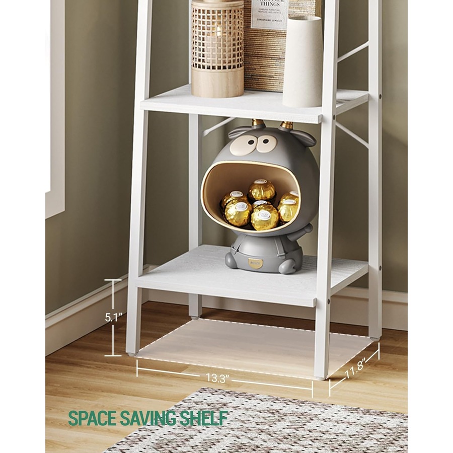 White 6-Tier Ladder Shelf Bookcase with Hooks for Home Office