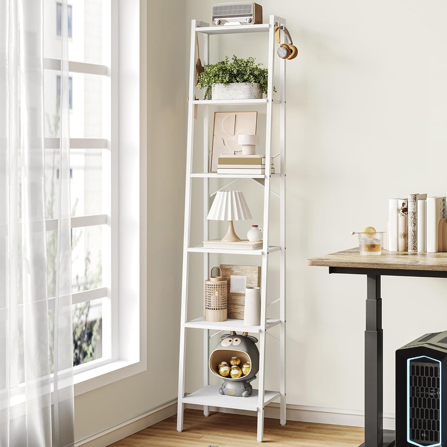 White 6-Tier Ladder Shelf Bookcase with Hooks for Home Office