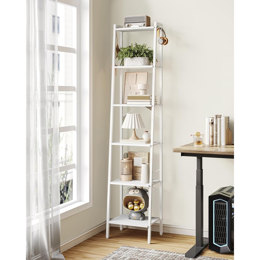 White 6-Tier Ladder Shelf Bookcase with Hooks for Home Office