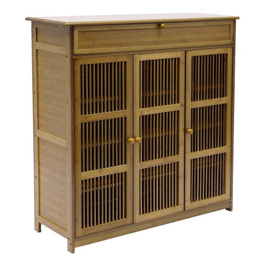 Wooden Shoe Rack XL 4 Tier 3 Doors Drawers Shelves Cabinet Organizer