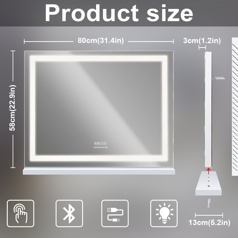 Oikiture Bluetooth Hollywood Makeup Mirrors with LED Light 80x58cm