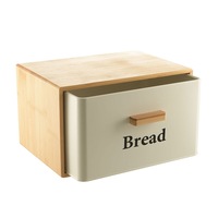 Bread Bin - White Metal with Bamboo Cover