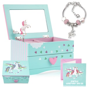 Amitié Lane Musical Unicorn Jewelry Box For Girls With Unicorn Charm Bracelet Plus Augmented Reality App (STEM Toy) - Gifts For Girls (Mint)