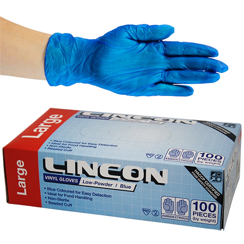 Buy Lincon Vinyl Low Powder Gloves 5.5g Large Blue HACCP Grade 100 Box