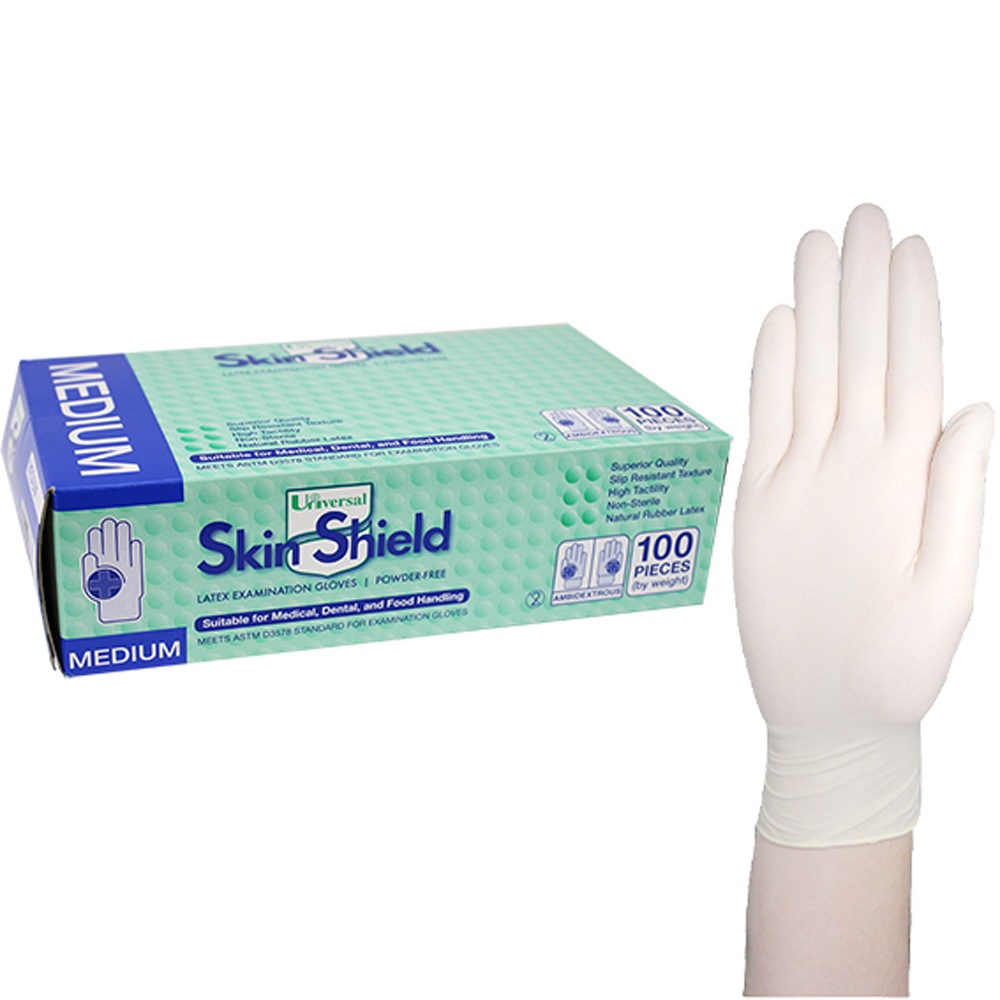Shield Gloves® Powder-Free Disposable Textured Latex Glove - Medium, White | Reinert Paper & Chemical