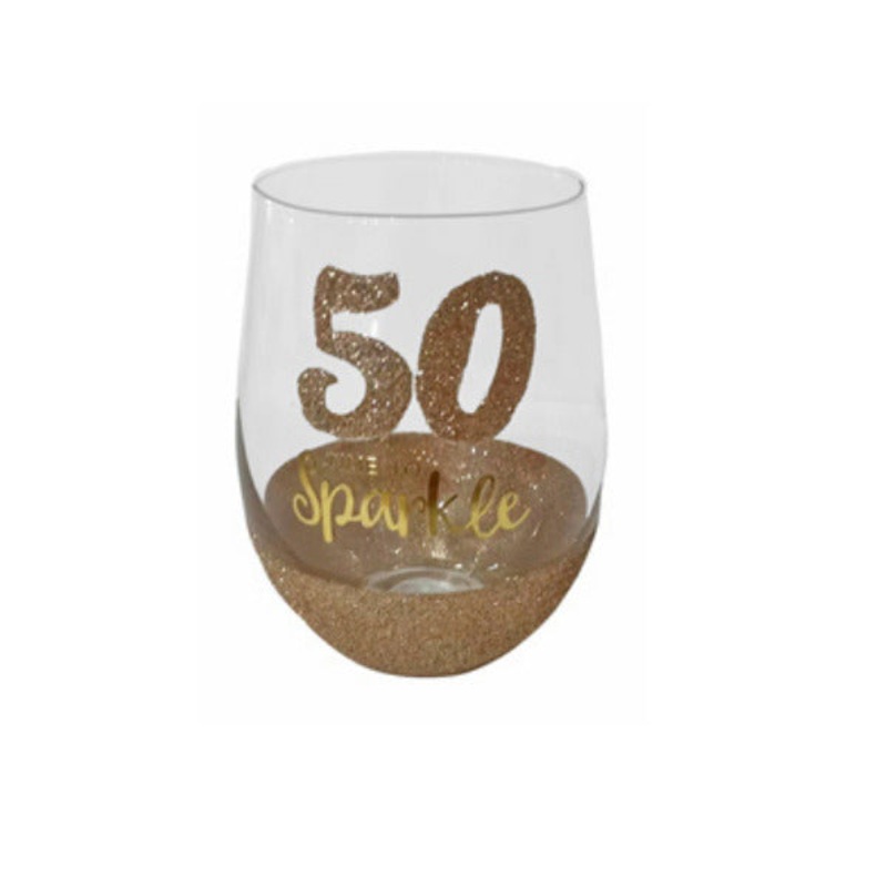 Buy 50th Birthday Stemless Gold Sparkle Wine Glass MyDeal
