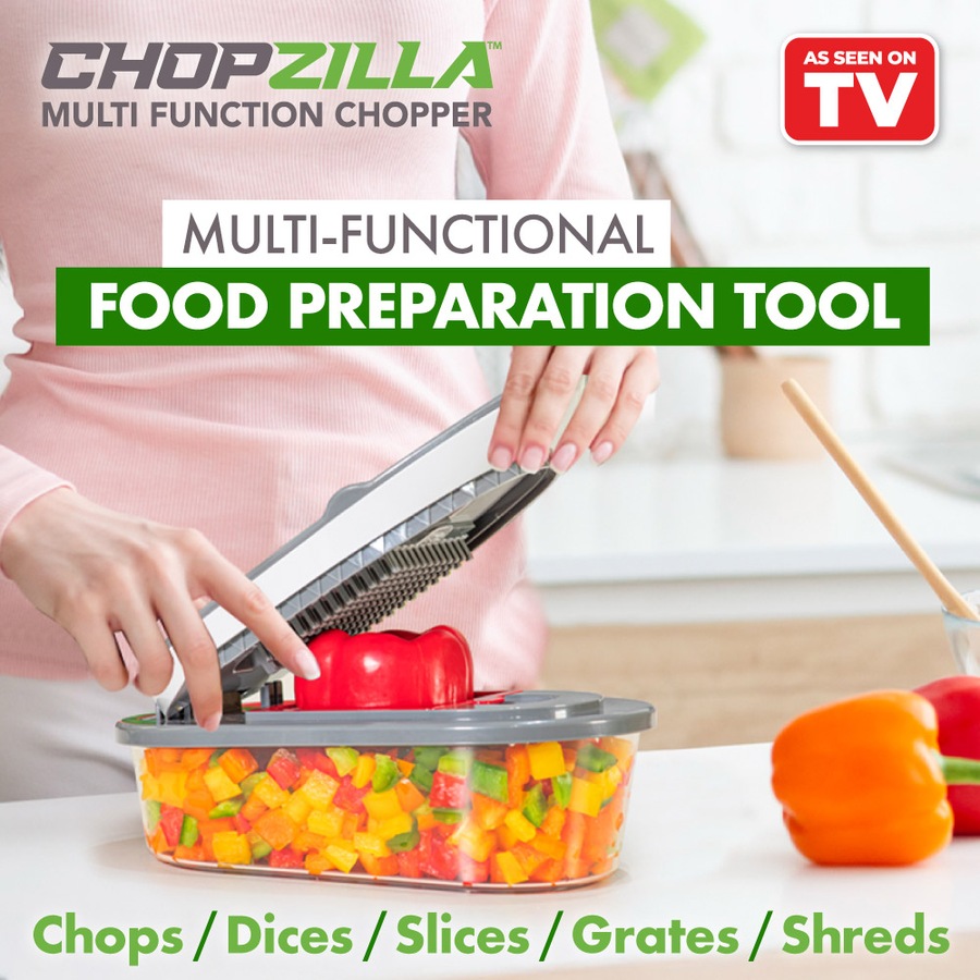 Chopzilla Vegetable Chopper and Mandoline Slicer for Kitchen Cuts, with 4 Blades, Scraper and Container, All in 1 Veggie Chopper Vegetable Cutter, French Fry Cutter, Onion, Fruit, Salad