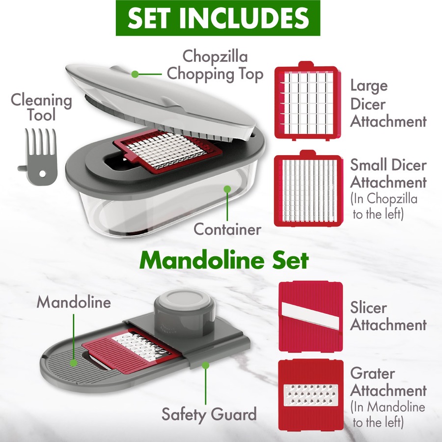 Chopzilla Vegetable Chopper and Mandoline Slicer for Kitchen Cuts, with 4 Blades, Scraper and Container, All in 1 Veggie Chopper Vegetable Cutter, French Fry Cutter, Onion, Fruit, Salad