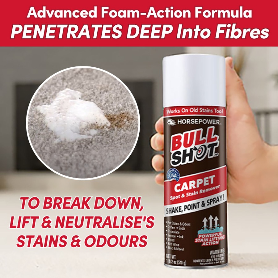 Horsepower Bull Shot Powerful Carpet and Upholstery Spot and Stain Remover, Stain-Lifting Foam-Action, Pet Stains & Odors, Coffee, Wine, Grease