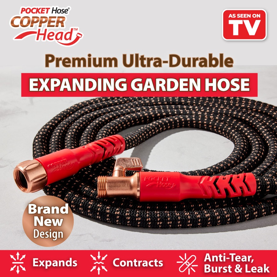 Pocket Hose Copper Head 15m With 10-in-1 Spray Nozzle and Pocket Pivot Premium Ultra-Durable, Expanding Garden Hose