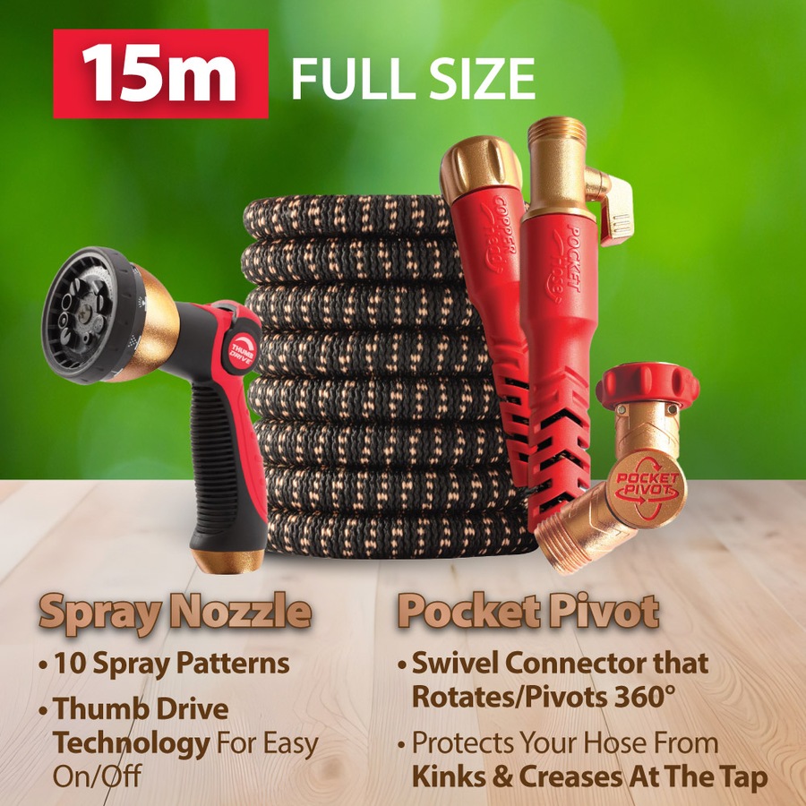 Pocket Hose Copper Head 15m With 10-in-1 Spray Nozzle and Pocket Pivot Premium Ultra-Durable, Expanding Garden Hose