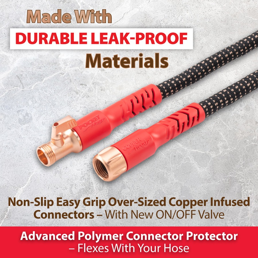 Pocket Hose Copper Head 15m With 10-in-1 Spray Nozzle and Pocket Pivot Premium Ultra-Durable, Expanding Garden Hose