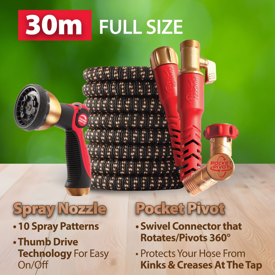 Pocket Hose Copper Head 30m With 10-in-1 Spray Nozzle and Pocket Pivot Premium Ultra-Durable, Expanding Garden Hose