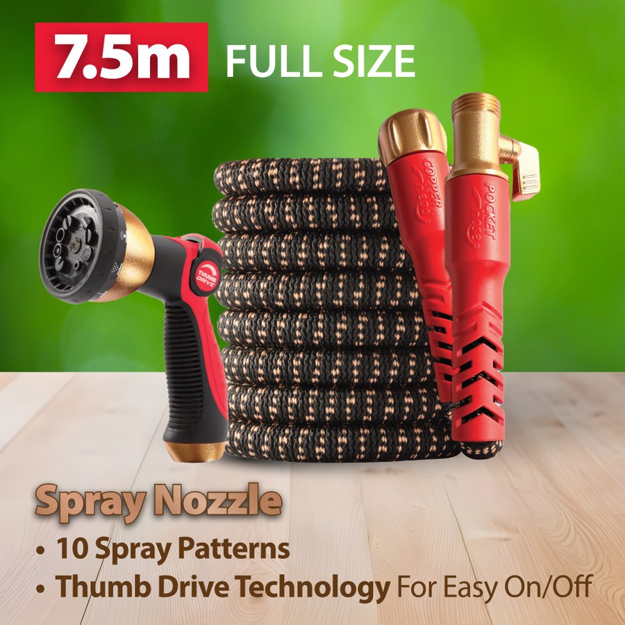 Pocket Hose Copper Head 7.5m With 10-in-1 Spray Nozzle Premium Ultra-Durable, Expanding Garden Hose