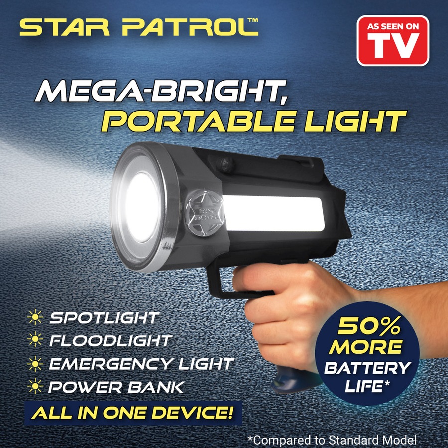 Star Patrol Platinum With Built-In Power Bank Mega-Bright Rechargeable Spotlight 10 Modes, Turbo Boost Up to 100%, Built-in Kickstand