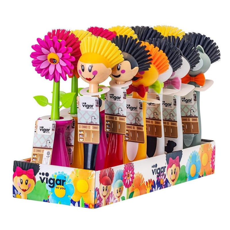 Vigar Flower Power Retro Black & White Dish Washing Brush with Vase Stand 