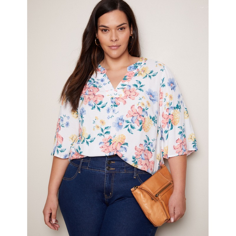 Buy AUTOGRAPH Plus Size Womens Tops Elbow Sleeve Flutter Woven V