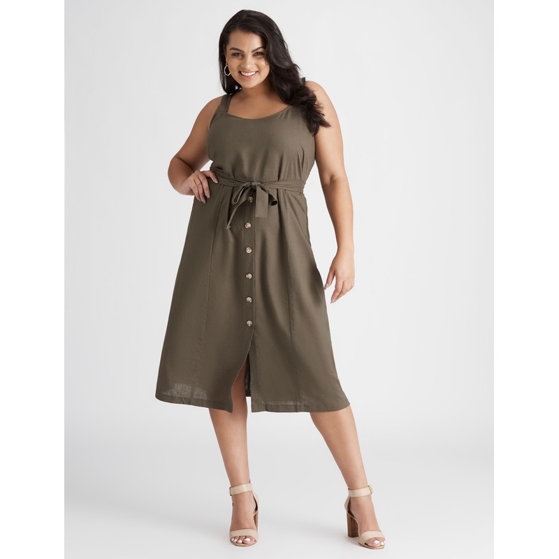 Buy BeMe Plus Size Womens Midi Dress Green Summer Linen A Line