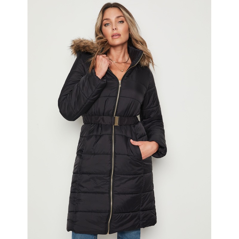 Buy ROCKMANS Womens Jacket Long Line Fur Hooded Quilted Puffer