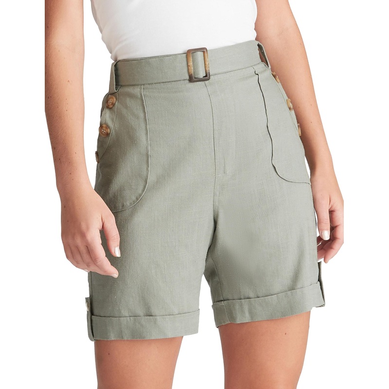 Buy ROCKMANS Womens Green Shorts Summer Linen Clothing Low