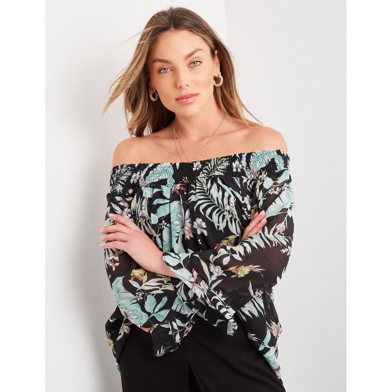 Buy ROCKMANS Womens Tops 3/4 Frill Sleeve Peasant Neck Woven Top MyDeal