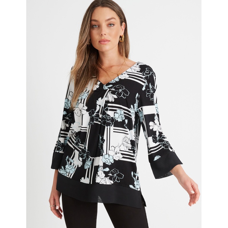 Buy ROCKMANS Womens Tops 3/4 Sleeve Curved Hem V Neck Mix Media Top MyDeal