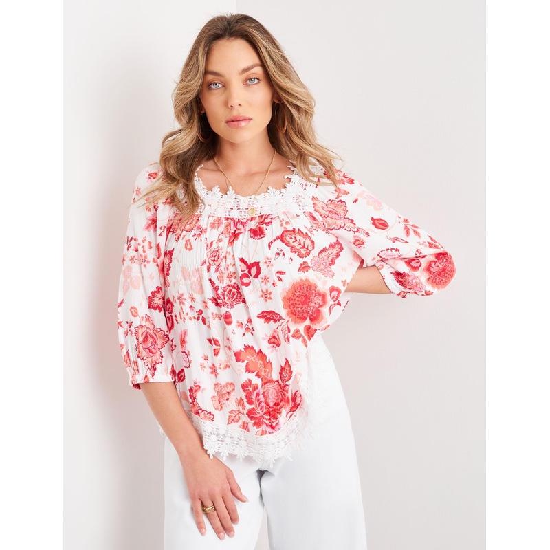 Buy ROCKMANS Womens Tops 3/4 Sleeve Lace Square Neck Top MyDeal