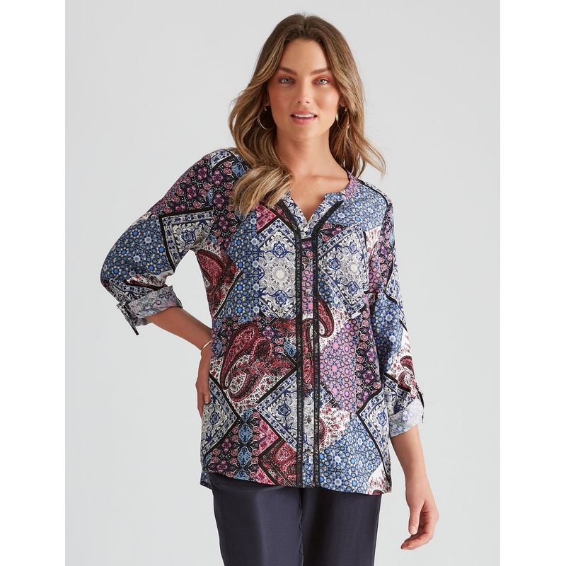 Buy ROCKMANS Womens Tops 3/4 Sleeve Woven Button Through Shirt MyDeal
