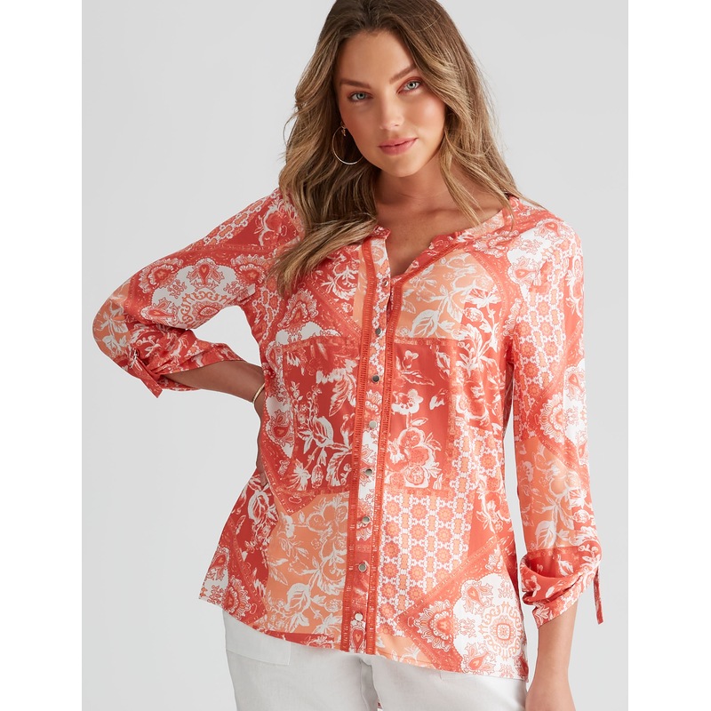 Buy ROCKMANS Womens Tops 3/4 Sleeve Woven Button Through Shirt MyDeal