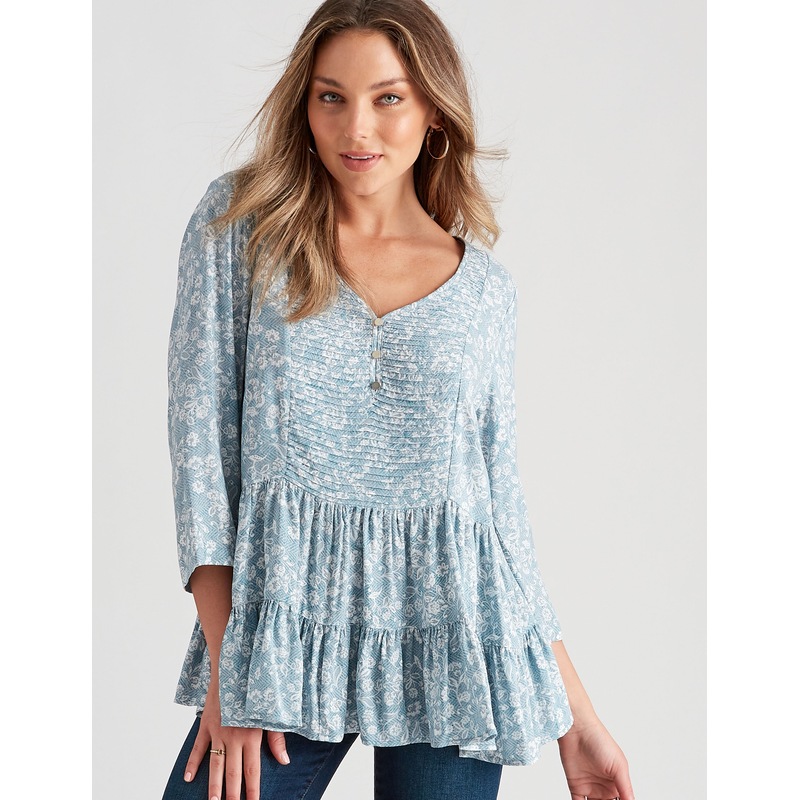 Buy ROCKMANS Womens Tops 3/4 Sleeve Woven Pintuck Peplum Blouse MyDeal