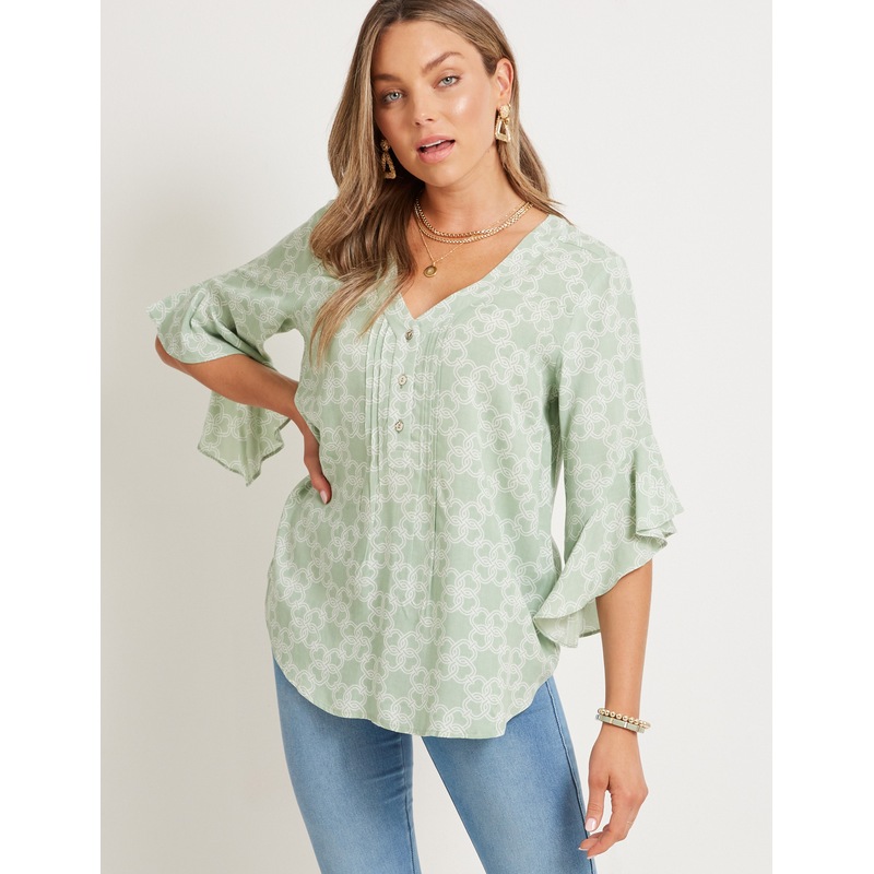 Buy ROCKMANS Womens Tops 7/8 Length Frill Sleeve Pintuck Woven Blouse MyDeal