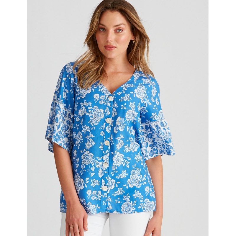 Buy ROCKMANS Womens Tops Elbow Flared Sleeve Woven Button Top MyDeal